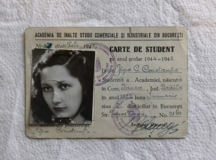 Carnet de student - Academia de Studii Bucuresti, 1944-1945