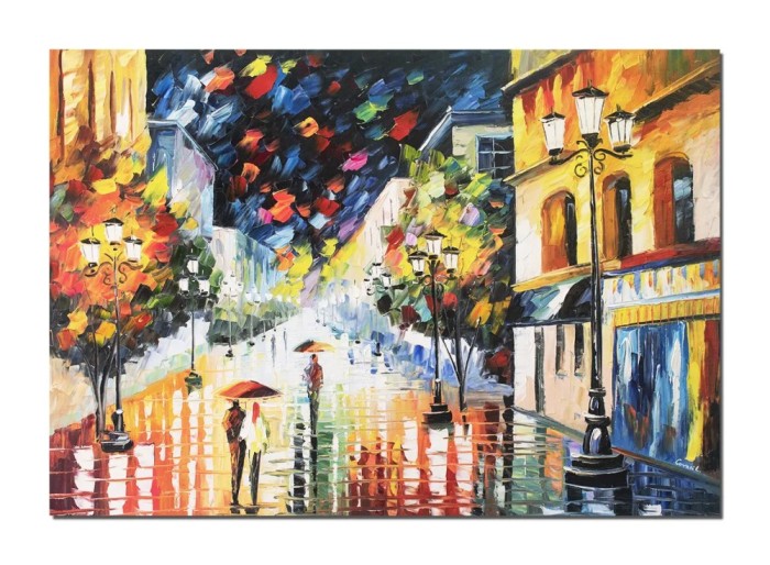 Tablou 3D pictat manual, Noi doi sub o umbrela, 100x70cm ulei pe panza in relief