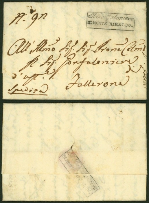 Italy - Postal History Rare Stampless Cover + Content Monte Rinaldo DB.457
