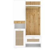 Set cuier cu oglindă și băncuță, iluminare LED, cuier de perete și 6 c&acirc;rlige aurii pentru haine, 110x38x190 cm, Alb+Culoare naturală