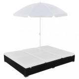 VidaXL Pat șezlong de exterior cu umbrelă, negru, poliratan
