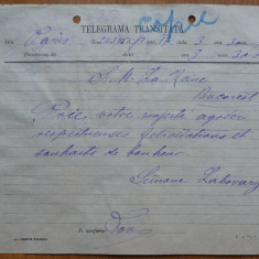 Telegrama adresata Reginei Elisabeta de la Paris de Simone Lahovary , antebelica