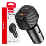 Incarcator auto AMiO QC+PD 20W cu USB-A si USB-C, incarcare rapida Quick Charge si Power Delivery, design compact si elegant
