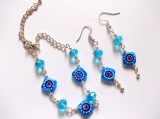 Set Bijuterii Murano Albastru: Brățară Ajustabilă &amp; Cercei cu Cristale Fățetate. Set Cadou Handmade