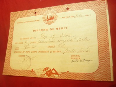 Diploma de Merit la Scoala Elementara Completa Corbu judet OLT 1950 foto