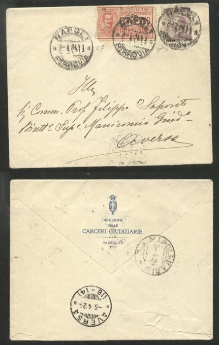 Italy 1924 Postal History Rare, Cover Naples Prison to Aversa, Espresso D.035