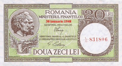REPRODUCERE bancnota 20 lei 30 ianuarie1948 Luca drept Romania foto