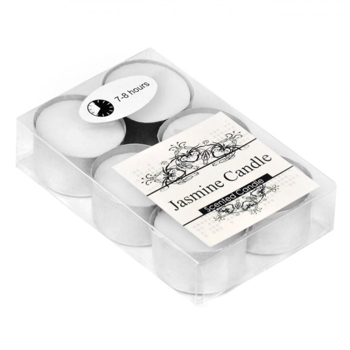 Lum&acirc;nări Parfumate Tip Pastilă, Set 6 Bucăți, Aromă Iasomie, Timp Ardere 7-8 Ore, Diametru 3.8 cm, &Icirc;nălțime 2.5 cm, Alb