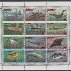 236-GUYANA-Pesti-viata marina-Bloc cu 12 timbre nestampilate MNH