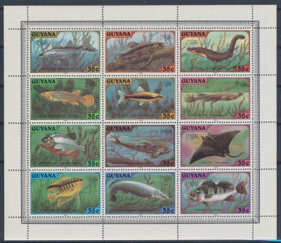 236-GUYANA-Pesti-viata marina-Bloc cu 12 timbre nestampilate MNH foto