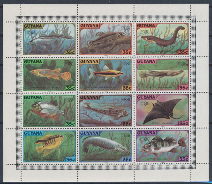 236-GUYANA-Pesti-viata marina-Bloc cu 12 timbre nestampilate MNH