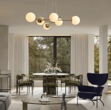 Lustra moderna, 6 globuri din sticla alba, culoare corp auriu, dulie E27, 68x68 CM