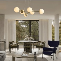 Lustra moderna, 6 globuri din sticla alba, culoare corp auriu, dulie E27, 68x68 CM