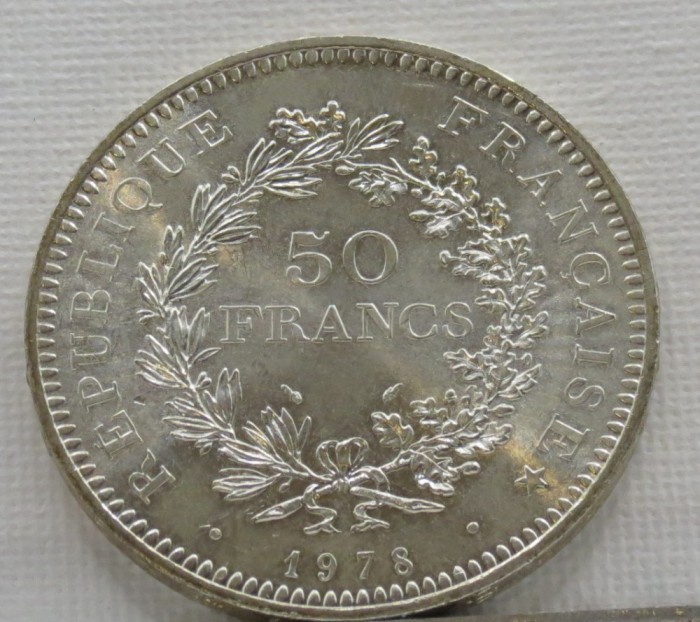 Moneda de argint 50 de franci 1978. grupul Hercules