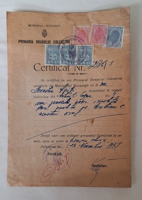 Certificat Primăria Colentina București 1947 cu 6 timbre fiscale și ștampile foto