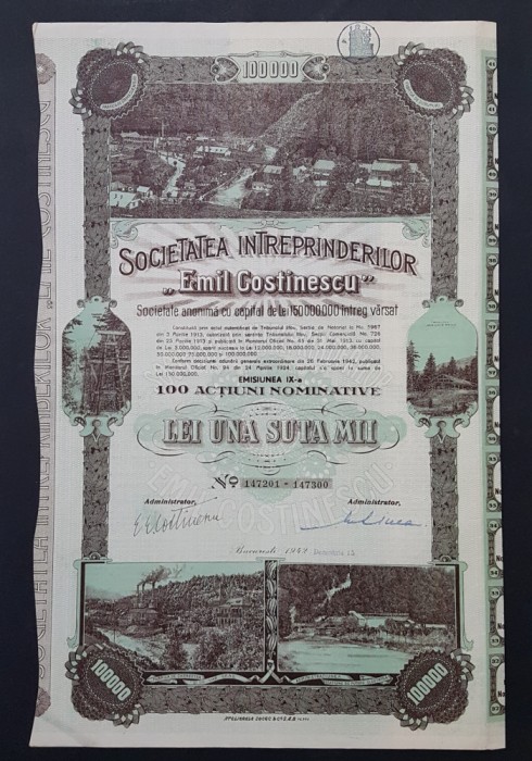 Actiune 1942 Sinaia , soc. E. Costinescu , titlu 100 actiuni nominative