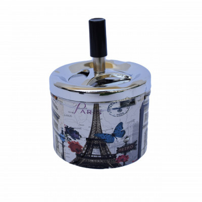 Scrumiera metalica Romantic Paris, antivant cu buton, 14 cm foto