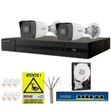 Kit supraveghere IP Hikvision HiWatch, 2 camere 4MP, Infrarosu 30m, PoE, NVR 4 canale, Hard 500GB, Switch PoE, Accesorii montaj SafetyGuard Surveillan