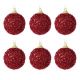 Globuri de Craciun, Model Glitter Tinsel, Set 6 Bucati, Culoare Rosie, Diametru 6 cm
