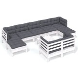 Set mobilier gradina cu perne, 10 piese, alb, lemn masiv pin