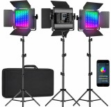 Cumpara ieftin Set 3 panouri video LED RGB cu 3 trepiede, control prin aplicatie Bluetooth, 3200K-5600K, CRI97+, 20 efecte speciale, pentru studio foto, filmare si s