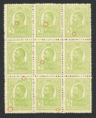 ROMANIA 1909/14 LP 67c REGELE CAROL I TIPOGRAFIATE -BLOC x9 MNG CU DIVERSE ERORI