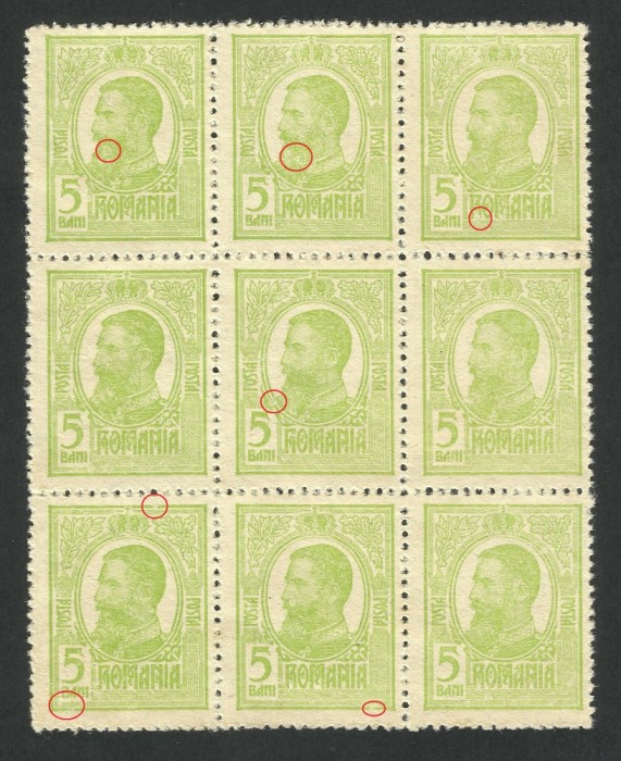ROMANIA 1909/14 LP 67c REGELE CAROL I TIPOGRAFIATE -BLOC x9 MNG CU DIVERSE ERORI