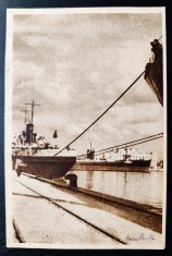 Constanta - Vedere Portul cu vapoare - RPR 1955 - printata, culoare sepia, circulata la Pecica, 1 timbru intact