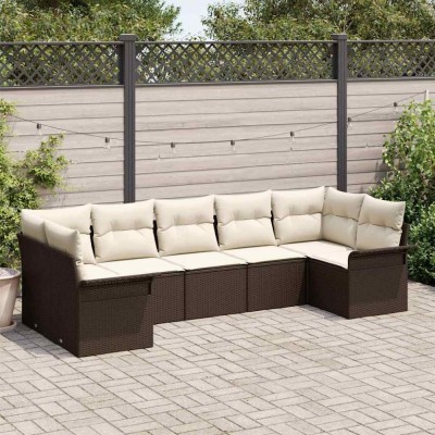 vidaXL Set de canapele pentru grădină cu pernă 7 pcs Maro Rattan poli foto