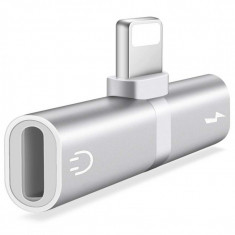 Mini Adaptor Lightning Splitter iUni dual port, pentru casti si incarcare iPhone, Silver foto