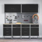 Set dulap lucru &amp; panou c&acirc;rlige, 10 piese, negru, MDF &amp; metal
