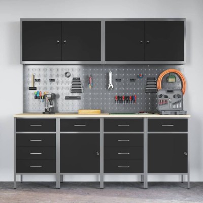 Set dulap lucru &amp;amp; panou c&amp;acirc;rlige, 10 piese, negru, MDF &amp;amp; metal foto