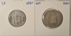Belgia, Belgium, 2 monede, KM#38, KM#39, 1880, argint, comemorative, 1, 2 Franc, (Independence)