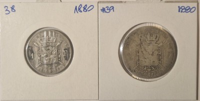 Belgia, Belgium, 2 monede, KM#38, KM#39, 1880, argint, comemorative, 1, 2 Franc, (Independence) foto