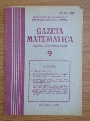 Revista Gazeta Matematica. Anul XCII, nr. 9 / 1987 foto
