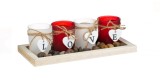 Suport din Lemn cu 4 Pahare Rosii Albe Pietris &amp; Inimi &quot;Love&quot; pentru Lumanari, Oem