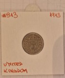 United Kingdom, Marea Britanie, 3 Pence 1913, argint, George VI, KM#813, buna, Europa