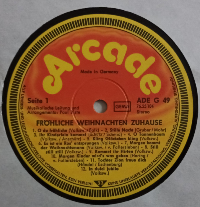 Disc Vinil - Paul Biste - Fr&ouml;hliche Weihnachten Zuhause-Arcade- ADE G 49