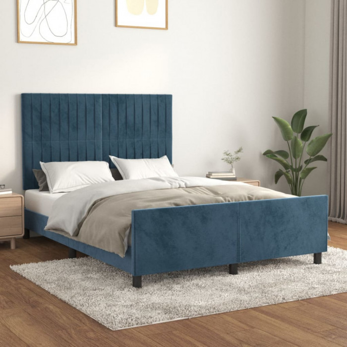 vidaXL Cadru de pat cu tăblie, albastru &icirc;nchis, 140x190 cm, catifea