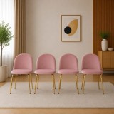 Set 4 scaune Inca pentru bucatarie si living, catifea roz, picioare aurii