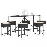Cumpara ieftin Set bar de grădină, 7 piese, cu perne, negru, poliratan