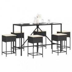 vidaXL Set bar de gradina, 7 piese, cu perne, negru, poliratan foto