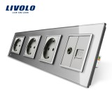 Cumpara ieftin Priza cvadrupla Livolo din sticla gri cu 3 prize simple, TV si internet