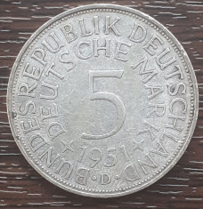 (A833) MONEDA DIN ARGINT GERMANIA - 5 MARK 1951, LIT D, 11,2 GRAME. PURITATE 625 foto