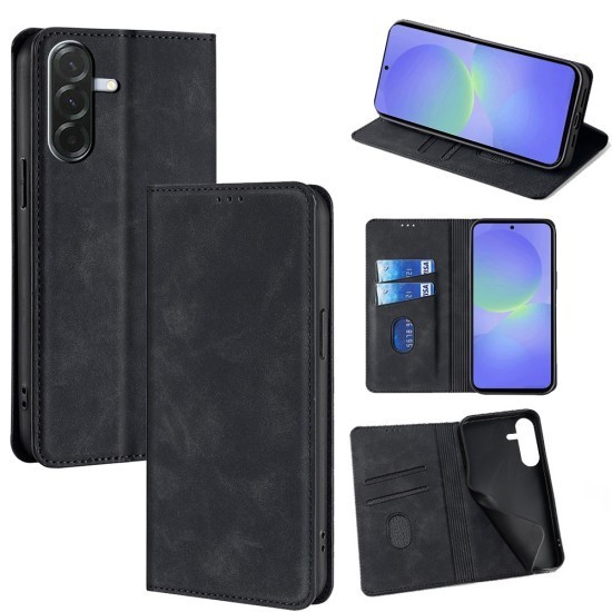 Husa Deluxe compatibila cu Samsung Galaxy A07 &ndash; Tip Carte, Piele Ecologica Negru, Functie Stand si Protectie 360