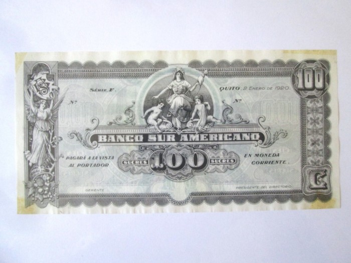 Rară! Ecuador 100 Sucres 1920 aUNC