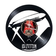 Ceas de perete decorativ realizat din disc de vinil, Model Led Zeppelin, Dirijabil, Icarus, Album Mothership, Negru, 30 cm