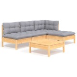 Set mobilier gradina cu perne gri, 5 piese, lemn masiv de pin