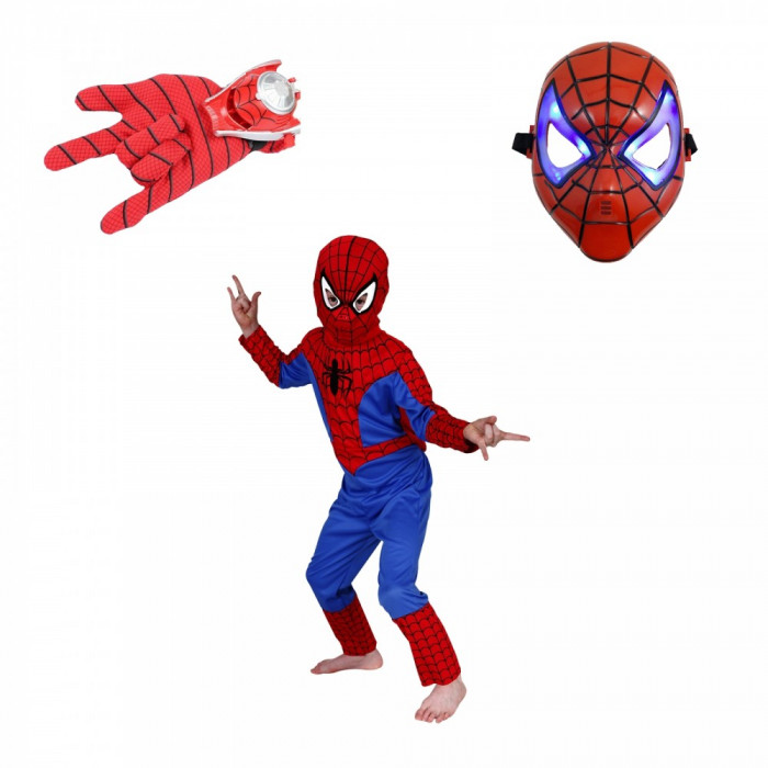 Set costum Spiderman IdeallStore&reg;, marimea S, 3-5 ani, masca LED si manusa cu lansator