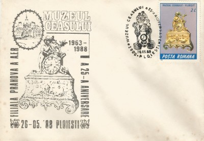 Rom&amp;acirc;nia, Muzeul Ceasului, a 25-a aniversare, plic, Ploieşti, 1988 foto
